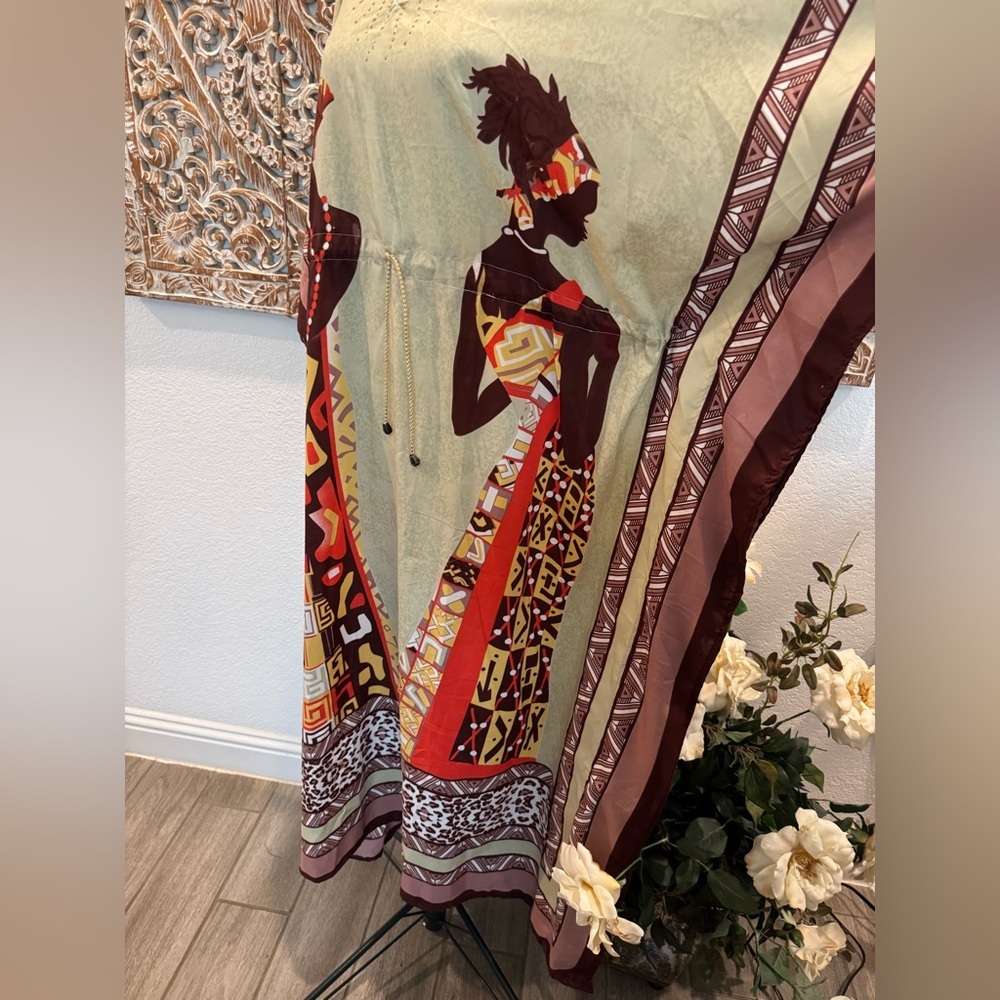 Shore Drive Free Size Kaftan Maxi Dress, Adjustable Pull Tie Waist - Picture 11 of 16